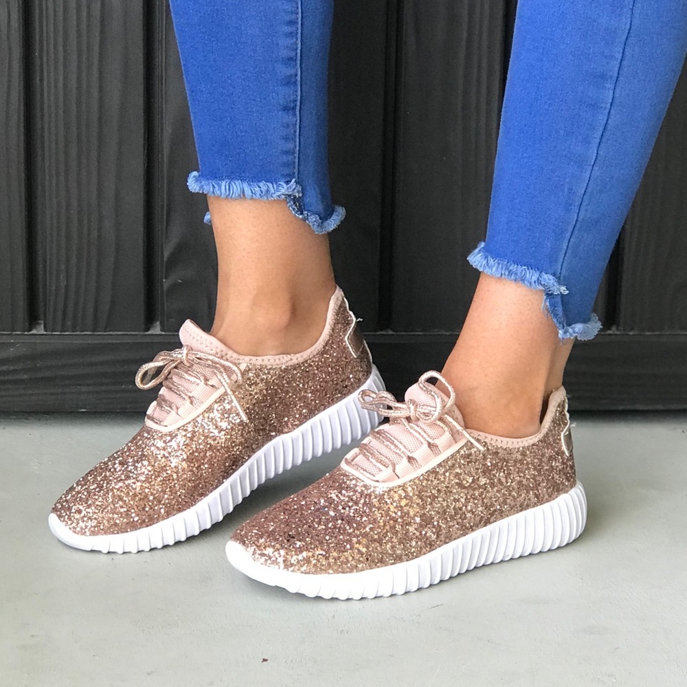 NIB Lightweight Rose Gold Glitter Sparkly Sneakers - Picture 5 of 8